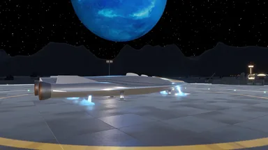 A long, flat, polished silver ship with twin rear engines sets down on a landing pad, blue thruster flames under its belly and a deep blue planet overhead.