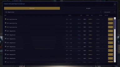 The Frontier contracts display: rows of haulage jobs for spore culture crop and magnetite ore, each with a route, distance, 1000 tonnes of cargo, payment in credits and a gold Accept button.