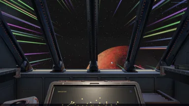 Streaks of colored light fade out around a red volcanic planet seen through the cockpit window.