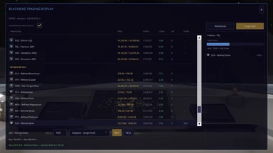 The Blackbird trading display: a table of metals with buy and sell prices, supply and cover, a quantity box set to 400 and a cargo hold panel showing refined silver loaded.