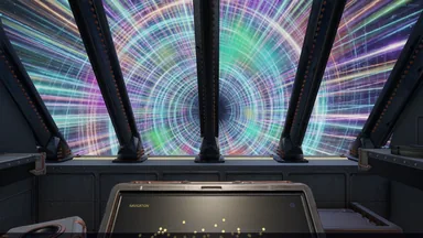View from inside a cockpit through slanted window struts into a rainbow-colored tunnel of light rings.